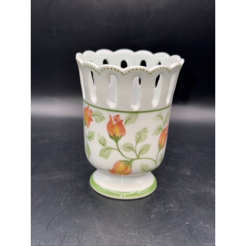 Hand- painted Porcelain Reticulated  Vase With Pink Roses by Andrea by Sadek